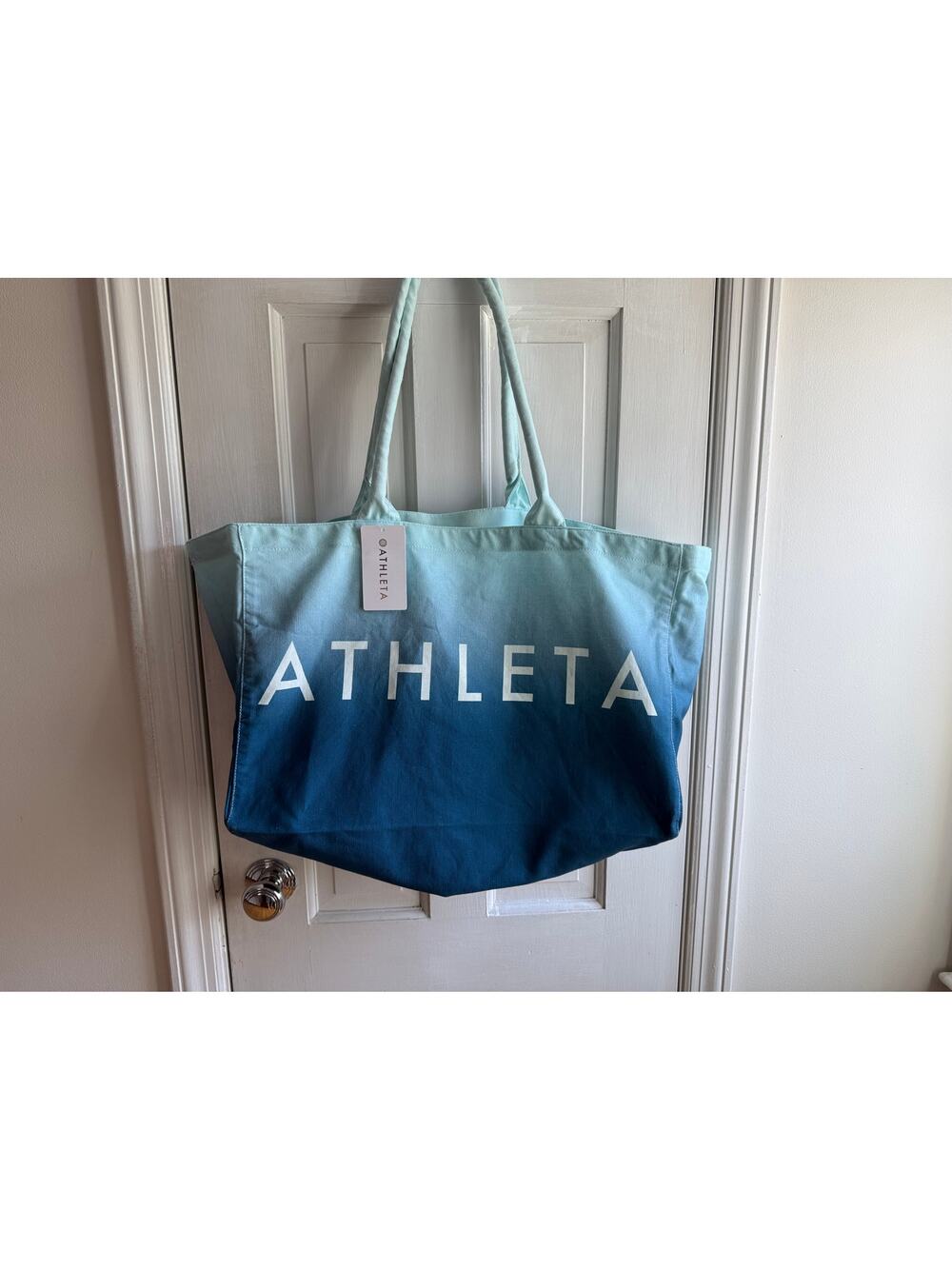 NEW Athleta Blue Ombre Canvas Tote Bag Large Logo Gym Beach Shopping NWT